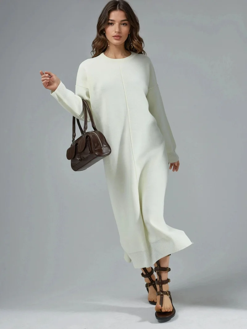 MY FASHION Dusty White MY FASHION Textured Ribbed Long Knit Dress with Slit Detail for Women | Best Price UAE